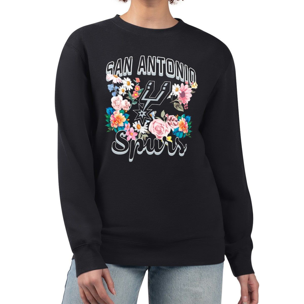 San Antonio Spurs G-III 4Her by Carl Banks Women's Flowers Team Logo Graphic Fleece Crewneck Pullover Sweatshirt Black - NBA