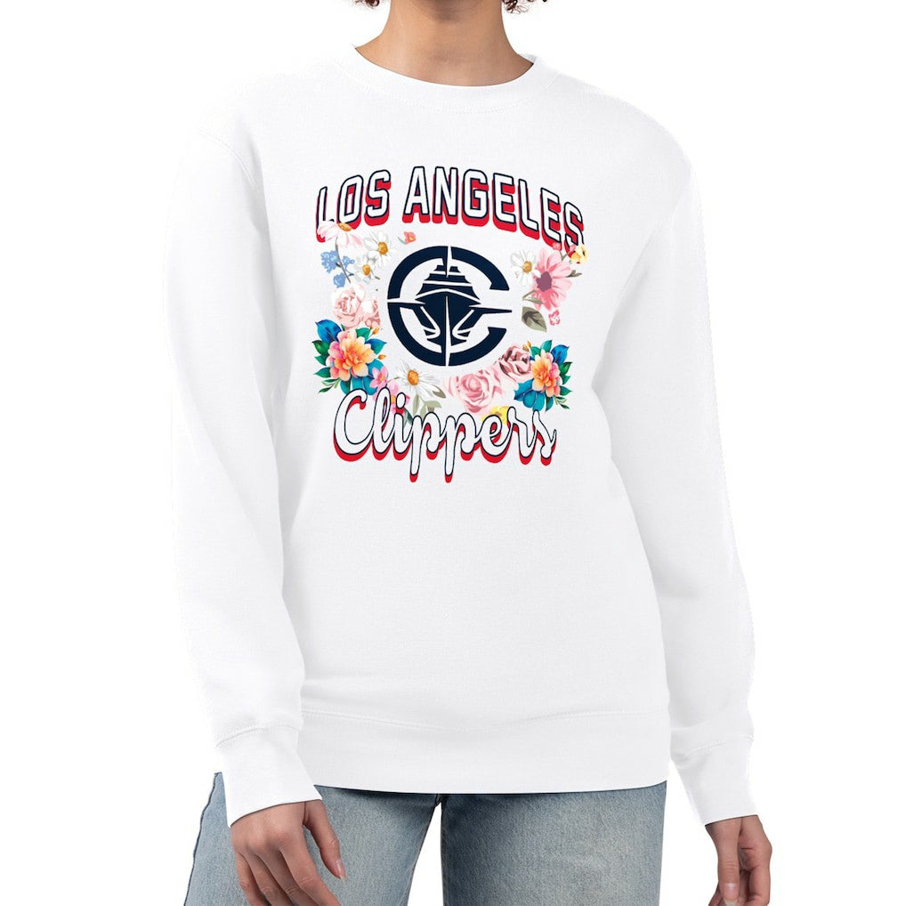 LA Clippers G-III 4Her by Carl Banks Women's Flowers Team Logo Graphic Fleece Crewneck Pullover Sweatshirt White - NBA