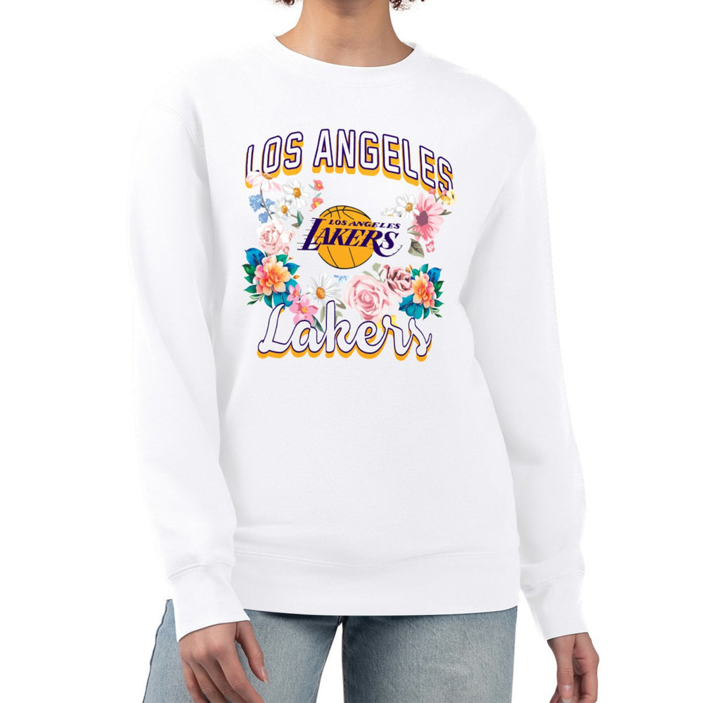 Los Angeles Lakers G-III 4Her by Carl Banks Women's Flowers Team Logo Graphic Fleece Crewneck Pullover Sweatshirt White - NBA
