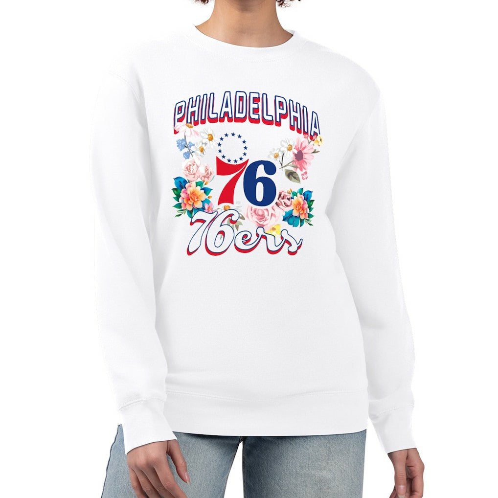 Philadelphia 76ers G-III 4Her by Carl Banks Women's Flowers Team Logo Graphic Fleece Crewneck Pullover Sweatshirt White - NBA