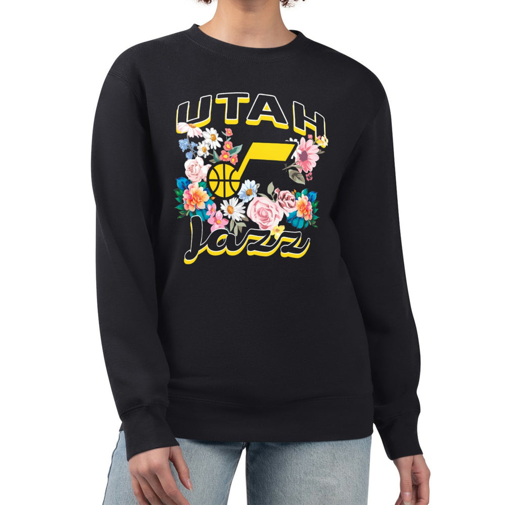 Utah Jazz G-III 4Her by Carl Banks Women's Flowers Team Logo Graphic Fleece Crewneck Pullover Sweatshirt Black - NBA