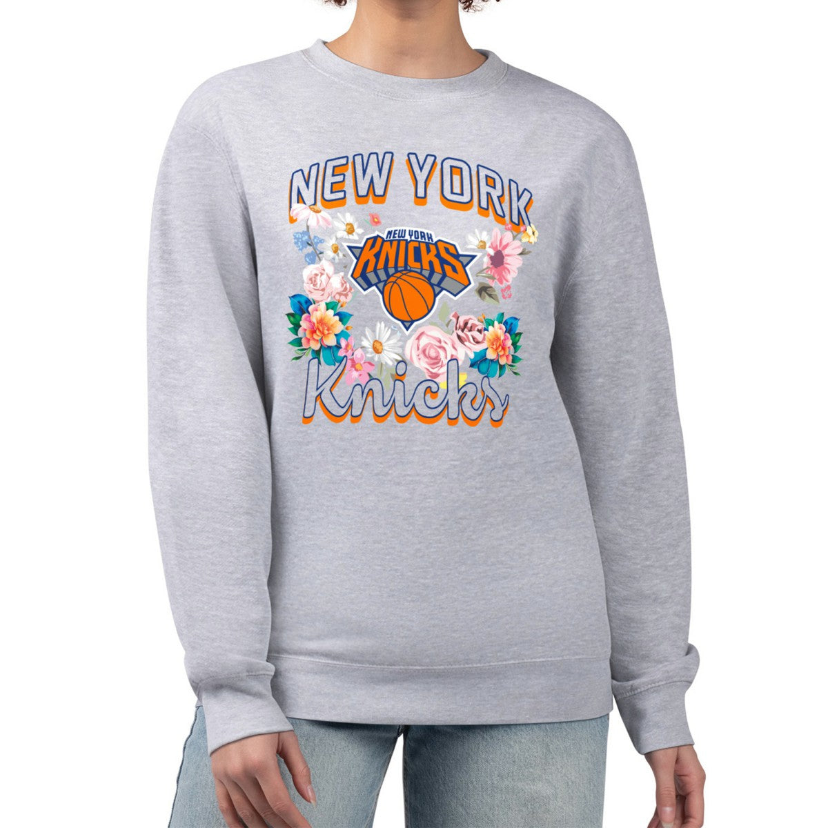 New York Knicks G-III 4Her by Carl Banks Women's Flowers Team Logo Graphic Fleece Crewneck Pullover Sweatshirt Heather Gray - NBA