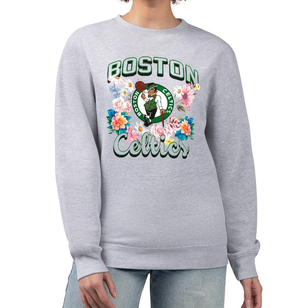 Boston Celtics G-III 4Her by Carl Banks Women's Flowers Team Logo Graphic Fleece Crewneck Pullover Sweatshirt Heather Gray - NBA