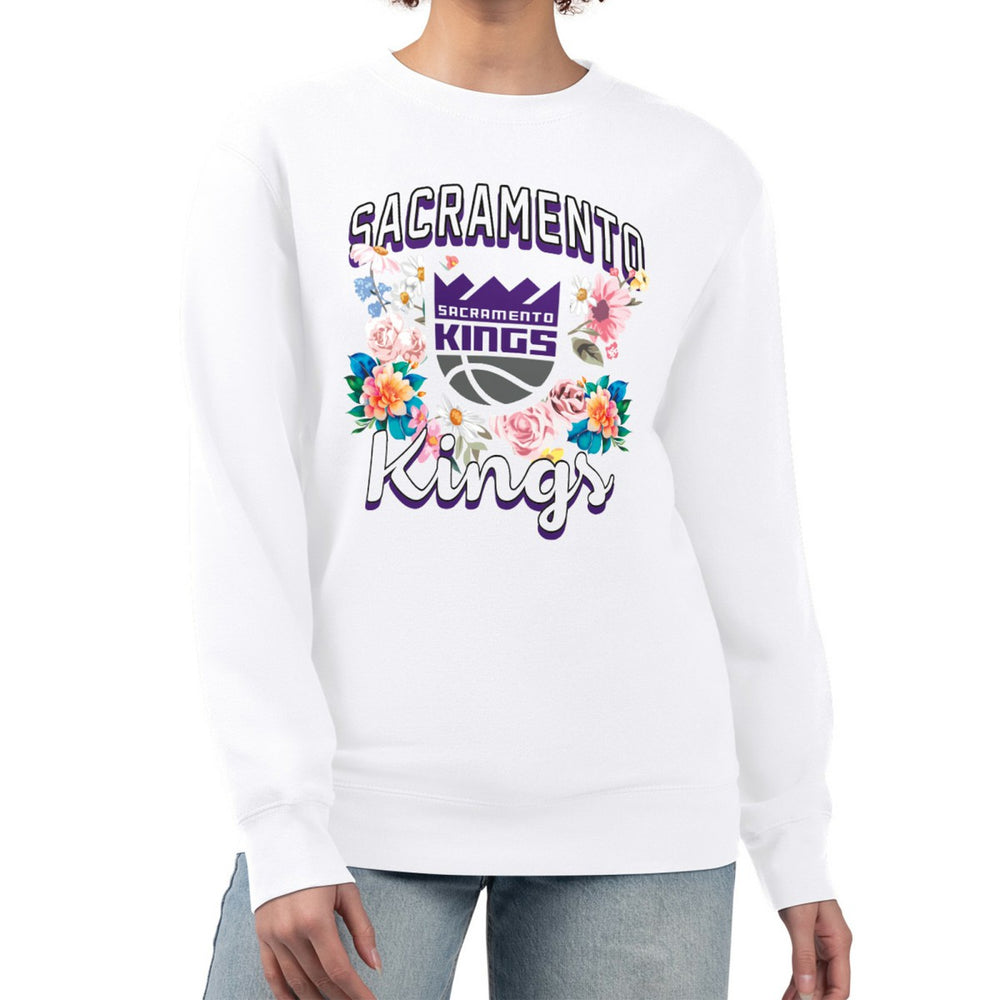Sacramento Kings G-III 4Her by Carl Banks Women's Flowers Team Logo Graphic Fleece Crewneck Pullover Sweatshirt White - NBA