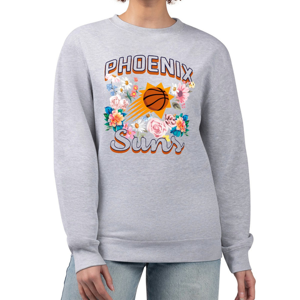 Phoenix Suns G-III 4Her by Carl Banks Women's Flowers Team Logo Graphic Fleece Crewneck Pullover Sweatshirt Heather Gray - NBA