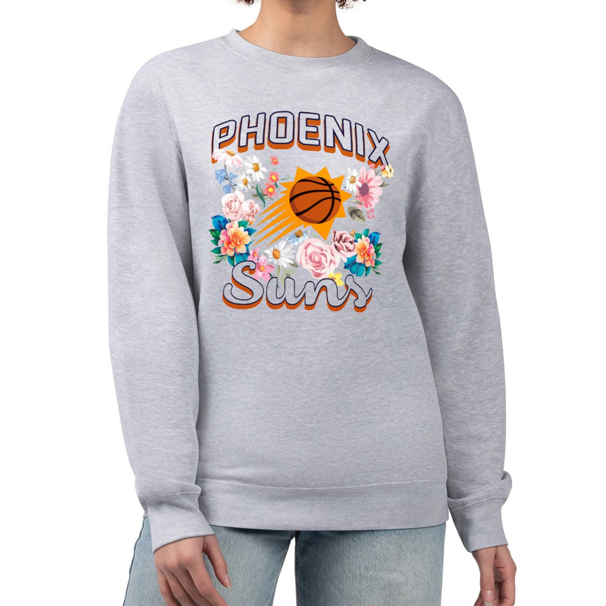Phoenix Suns G-III 4Her by Carl Banks Women's Flowers Team Logo Graphic Fleece Crewneck Pullover Sweatshirt Heather Gray - NBA