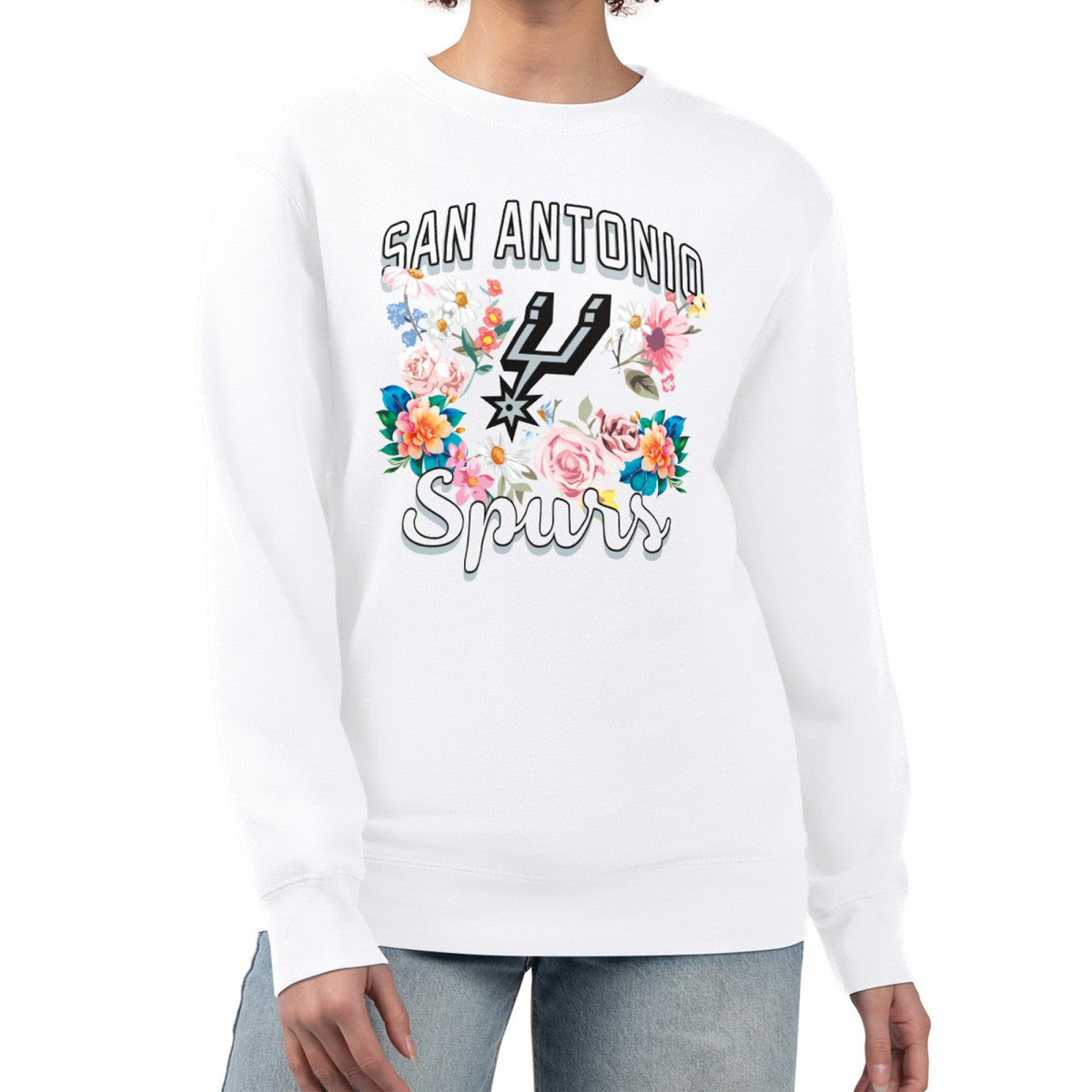 San Antonio Spurs G-III 4Her by Carl Banks Women's Flowers Team Logo Graphic Fleece Crewneck Pullover Sweatshirt White - NBA