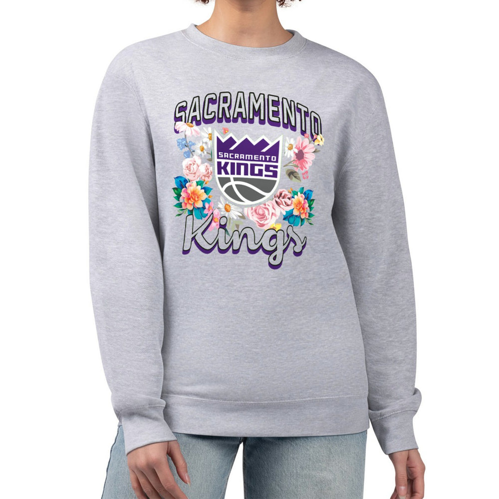 Sacramento Kings G-III 4Her by Carl Banks Women's Flowers Team Logo Graphic Fleece Crewneck Pullover Sweatshirt Heather Gray - NBA