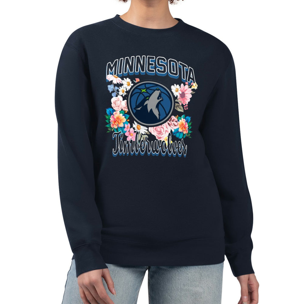 Minnesota Timberwolves G-III 4Her by Carl Banks Women's Flowers Team Logo Graphic Fleece Crewneck Pullover Sweatshirt Navy - NBA