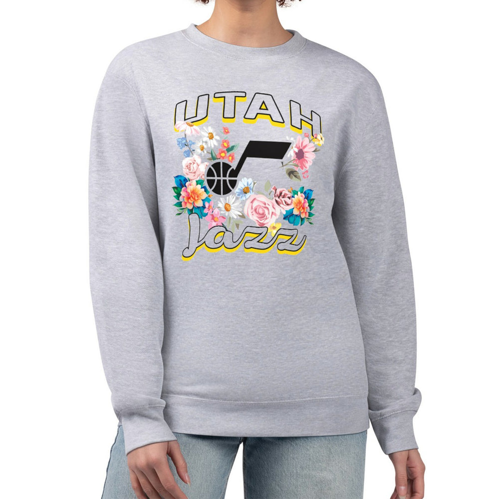 Utah Jazz G-III 4Her by Carl Banks Women's Flowers Team Logo Graphic Fleece Crewneck Pullover Sweatshirt Heather Gray - NBA