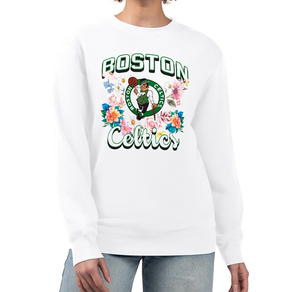 Boston Celtics G-III 4Her by Carl Banks Women's Flowers Team Logo Graphic Fleece Crewneck Pullover Sweatshirt White - NBA