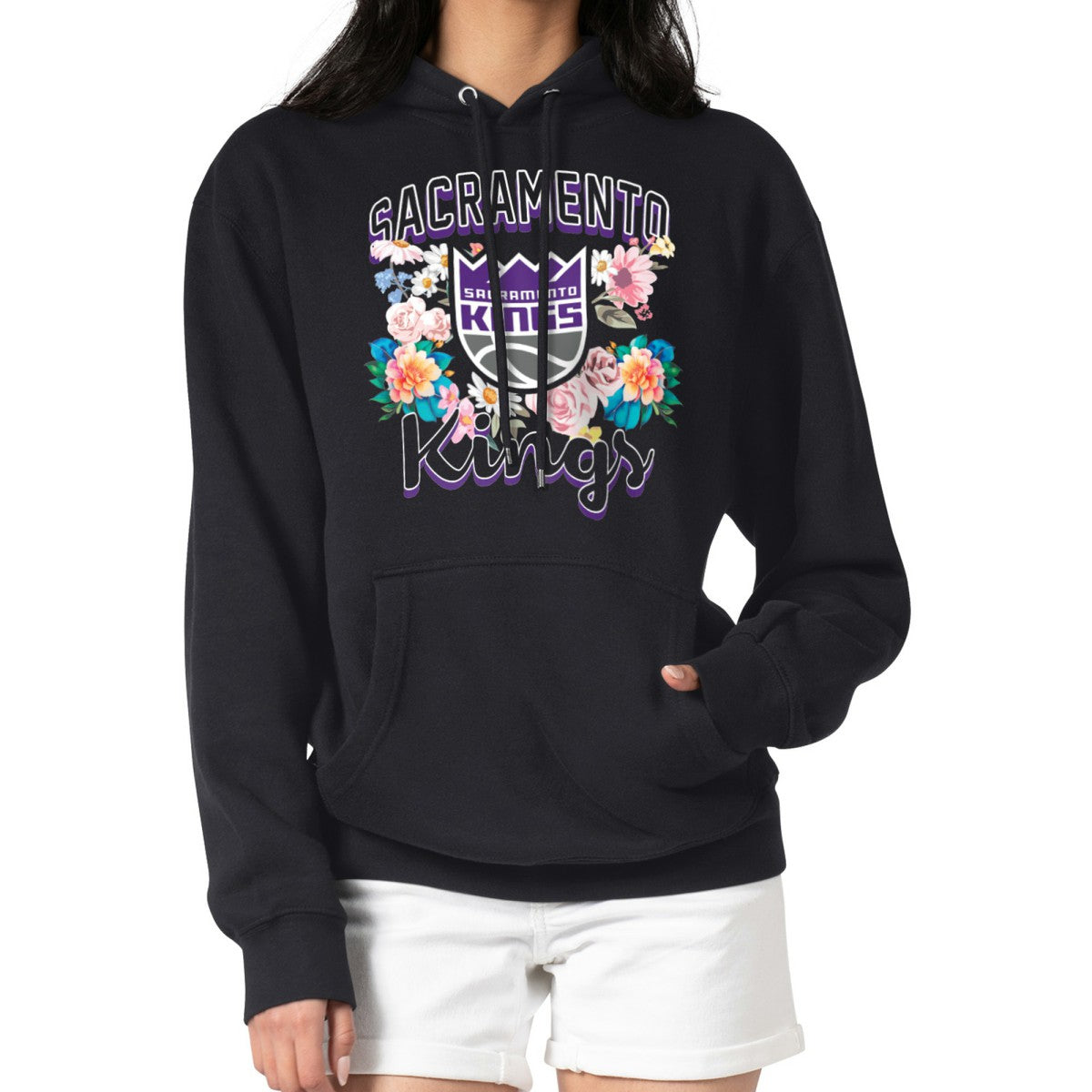 Sacramento Kings G-III 4Her by Carl Banks Women's Flowers Team Logo Graphic Fleece Pullover Hoodie Black - NBA