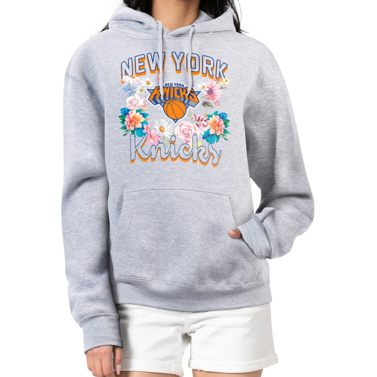 New York Knicks G-III 4Her by Carl Banks Women's Flowers Team Logo Graphic Fleece Pullover Hoodie Heather Gray - NBA