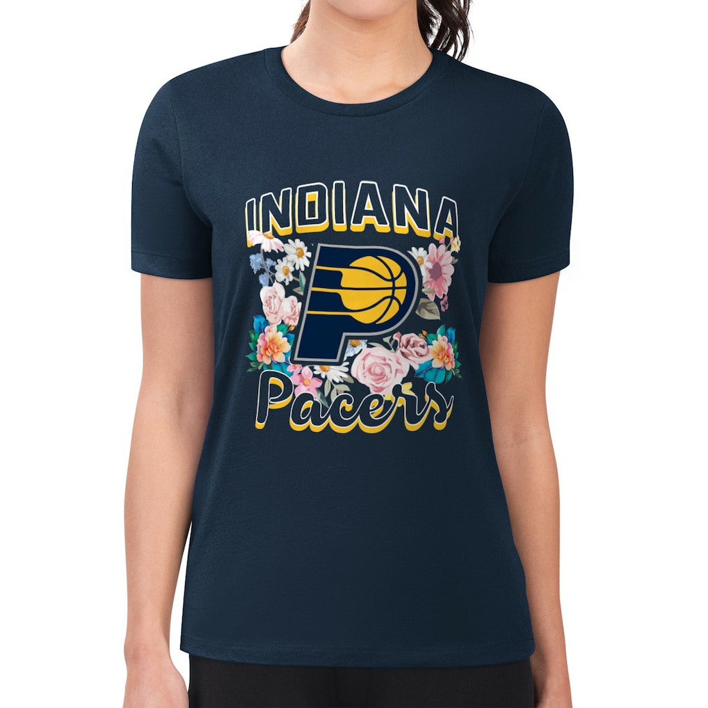 Indiana Pacers G-III 4Her by Carl Banks Women's Super-Slim Fit Lightweight Flowers Team Logo Graphic T-Shirt Navy - NBA