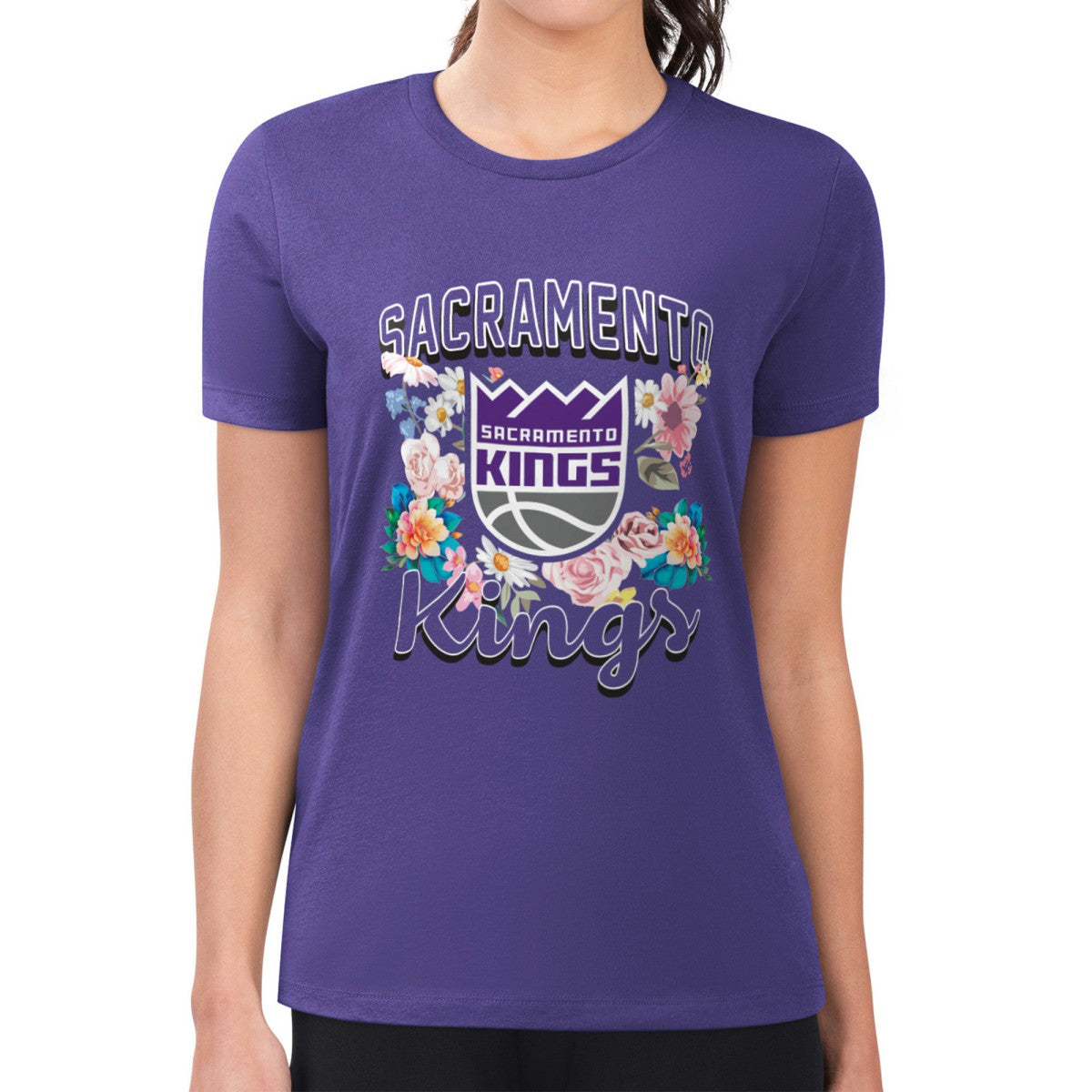 Sacramento Kings G-III 4Her by Carl Banks Women's Super-Slim Fit Lightweight Flowers Team Logo Graphic T-Shirt Purple - NBA