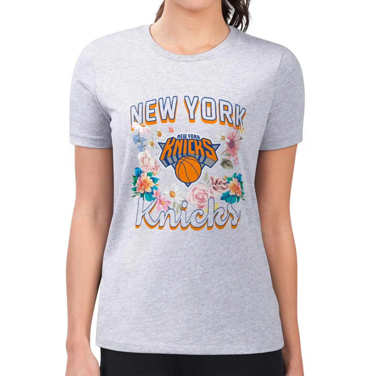 New York Knicks G-III 4Her by Carl Banks Women's Super-Slim Fit Lightweight Flowers Team Logo Graphic T-Shirt Heather Gray - NBA