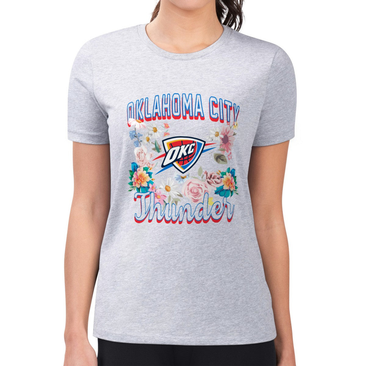 Oklahoma City Thunder G-III 4Her by Carl Banks Women's Super-Slim Fit Lightweight Flowers Team Logo Graphic T-Shirt Heather Gray - NBA
