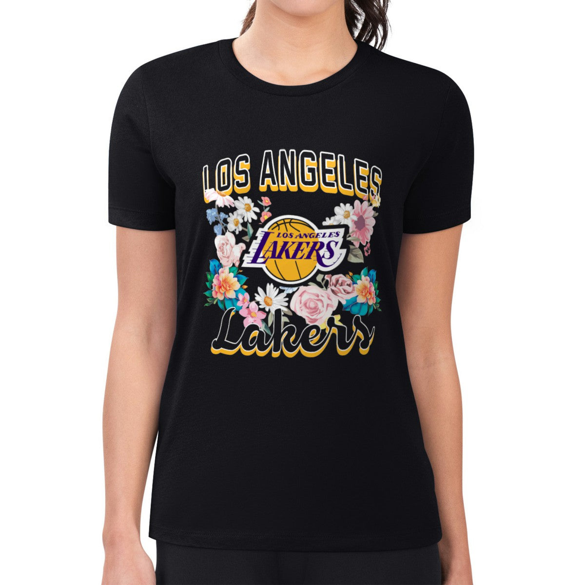 Los Angeles Lakers G-III 4Her by Carl Banks Women's Super-Slim Fit Lightweight Flowers Team Logo Graphic T-Shirt Black - NBA