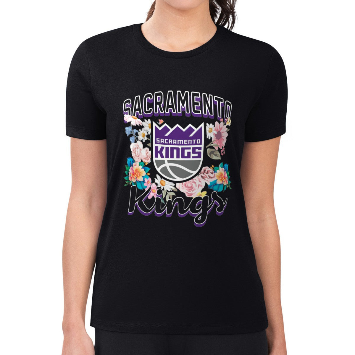 Sacramento Kings G-III 4Her by Carl Banks Women's Super-Slim Fit Lightweight Flowers Team Logo Graphic T-Shirt Black - NBA