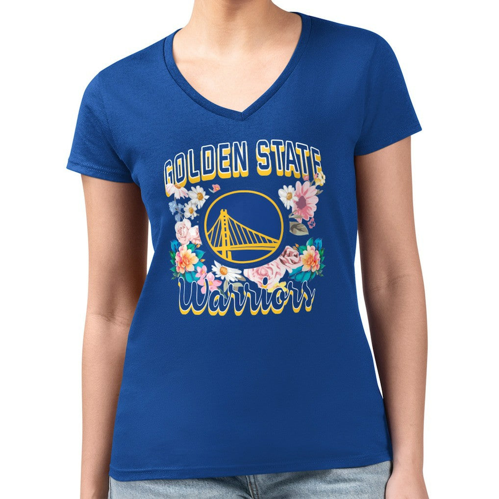 Golden State Warriors G-III 4Her by Carl Banks Women's Super-Slim Fit Lightweight Flowers Team Logo Graphic V-Neck T-Shirt Royal - NBA