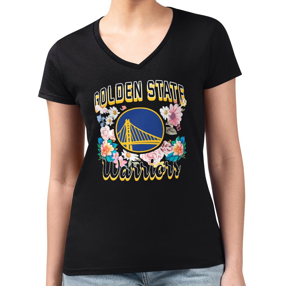 Golden State Warriors G-III 4Her by Carl Banks Women's Super-Slim Fit Lightweight Flowers Team Logo Graphic V-Neck T-Shirt Black - NBA