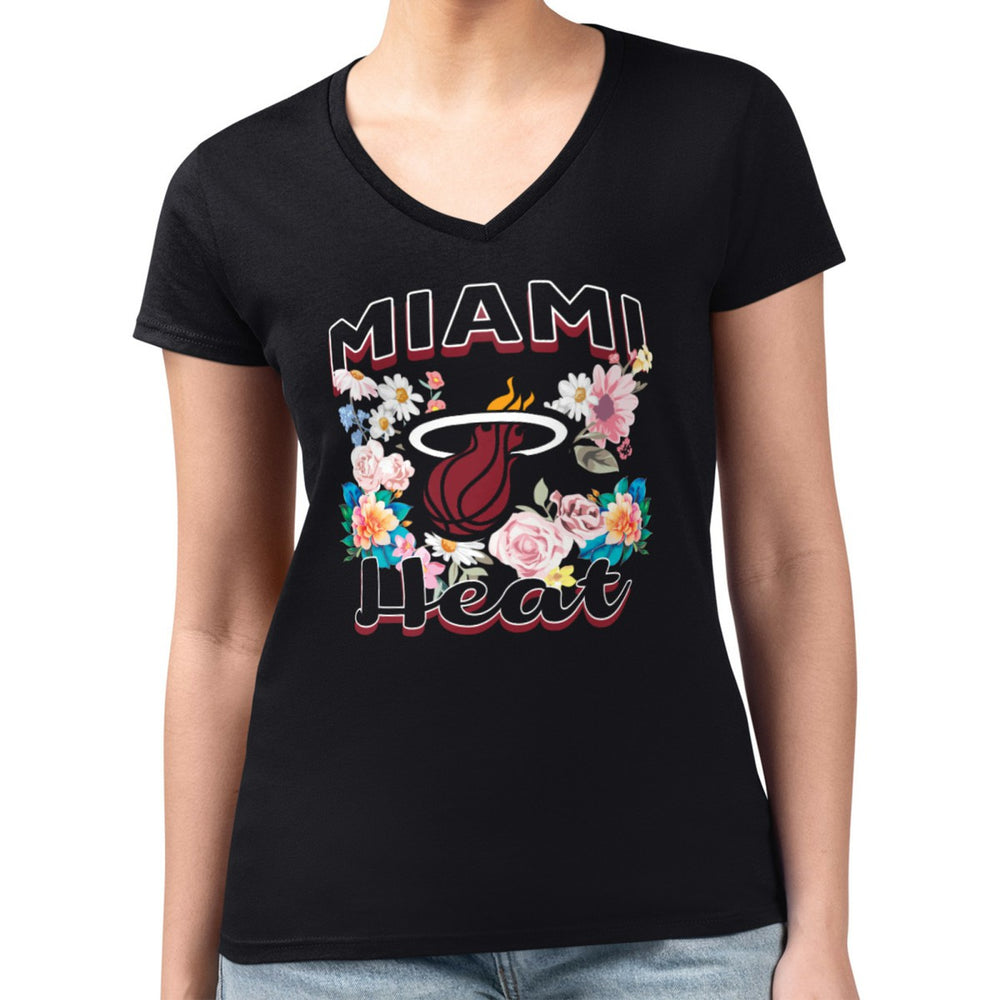 Miami Heat G-III 4Her by Carl Banks Women's Super-Slim Fit Lightweight Flowers Team Logo Graphic V-Neck T-Shirt Black - NBA