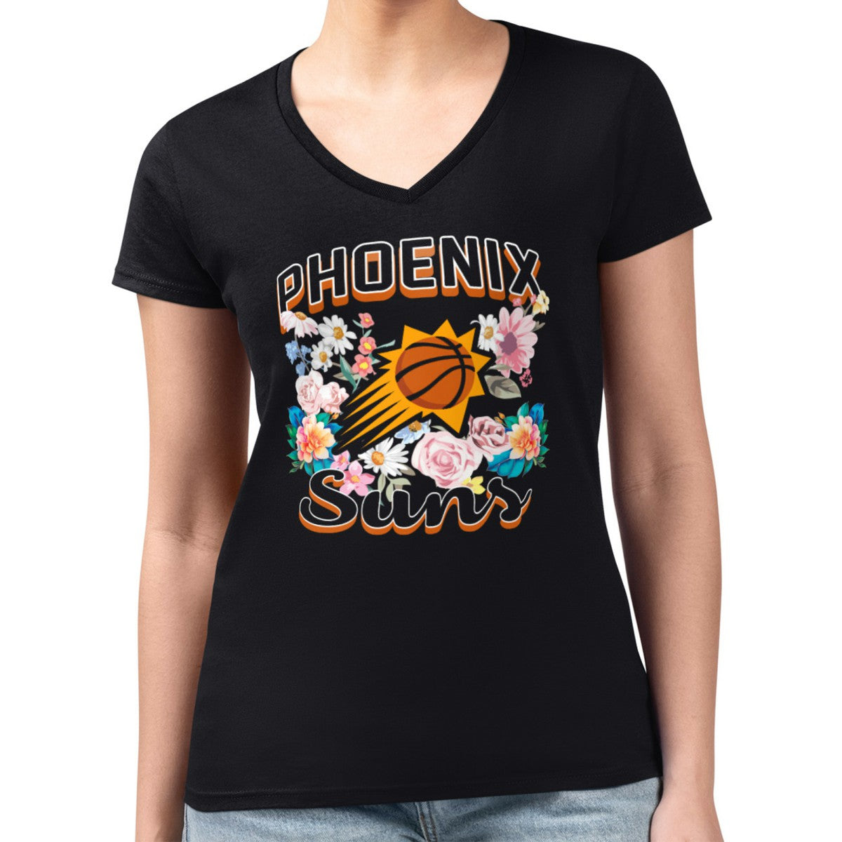 Phoenix Suns G-III 4Her by Carl Banks Women's Super-Slim Fit Lightweight Flowers Team Logo Graphic V-Neck T-Shirt Black - NBA