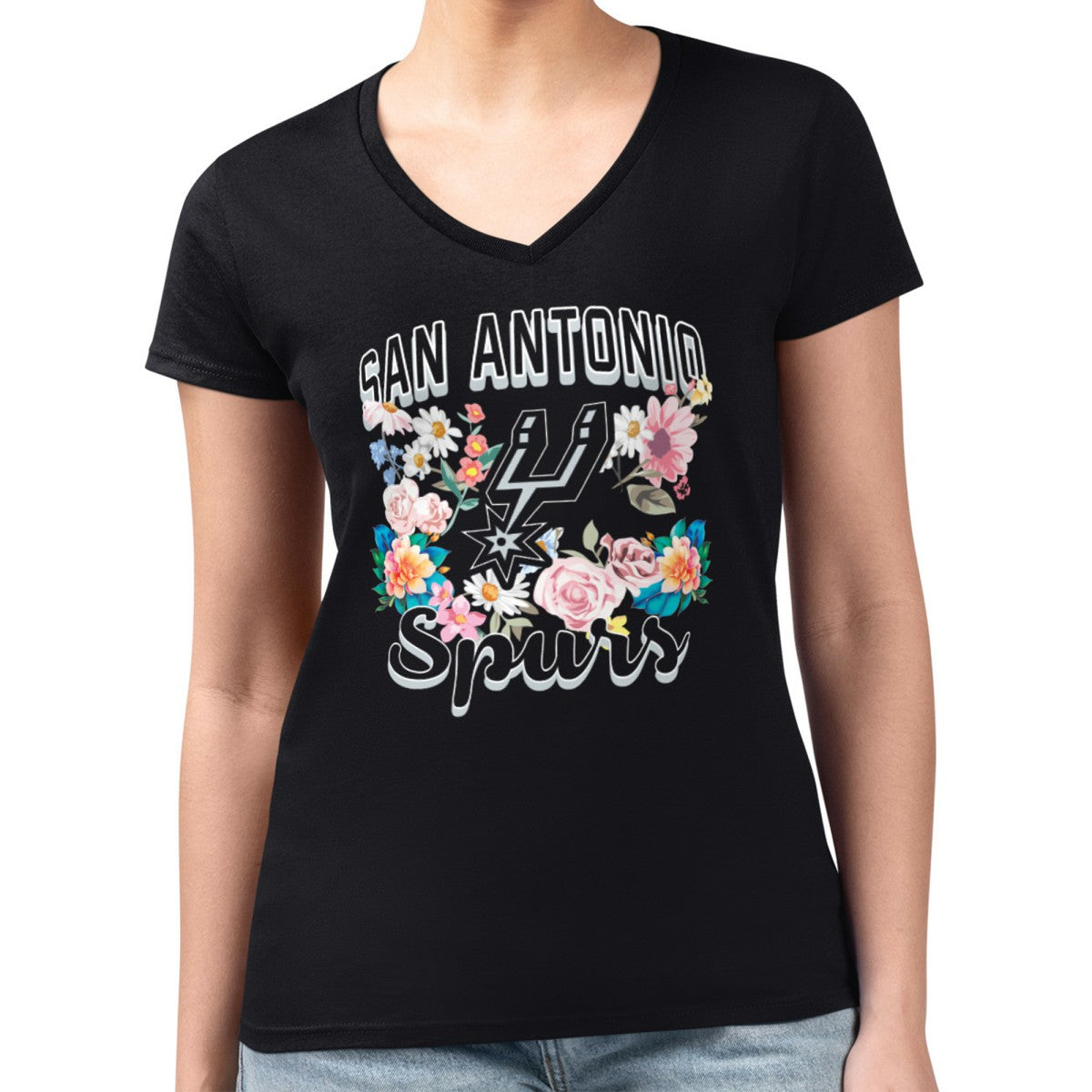San Antonio Spurs G-III 4Her by Carl Banks Women's Super-Slim Fit Lightweight Flowers Team Logo Graphic V-Neck T-Shirt Black - NBA
