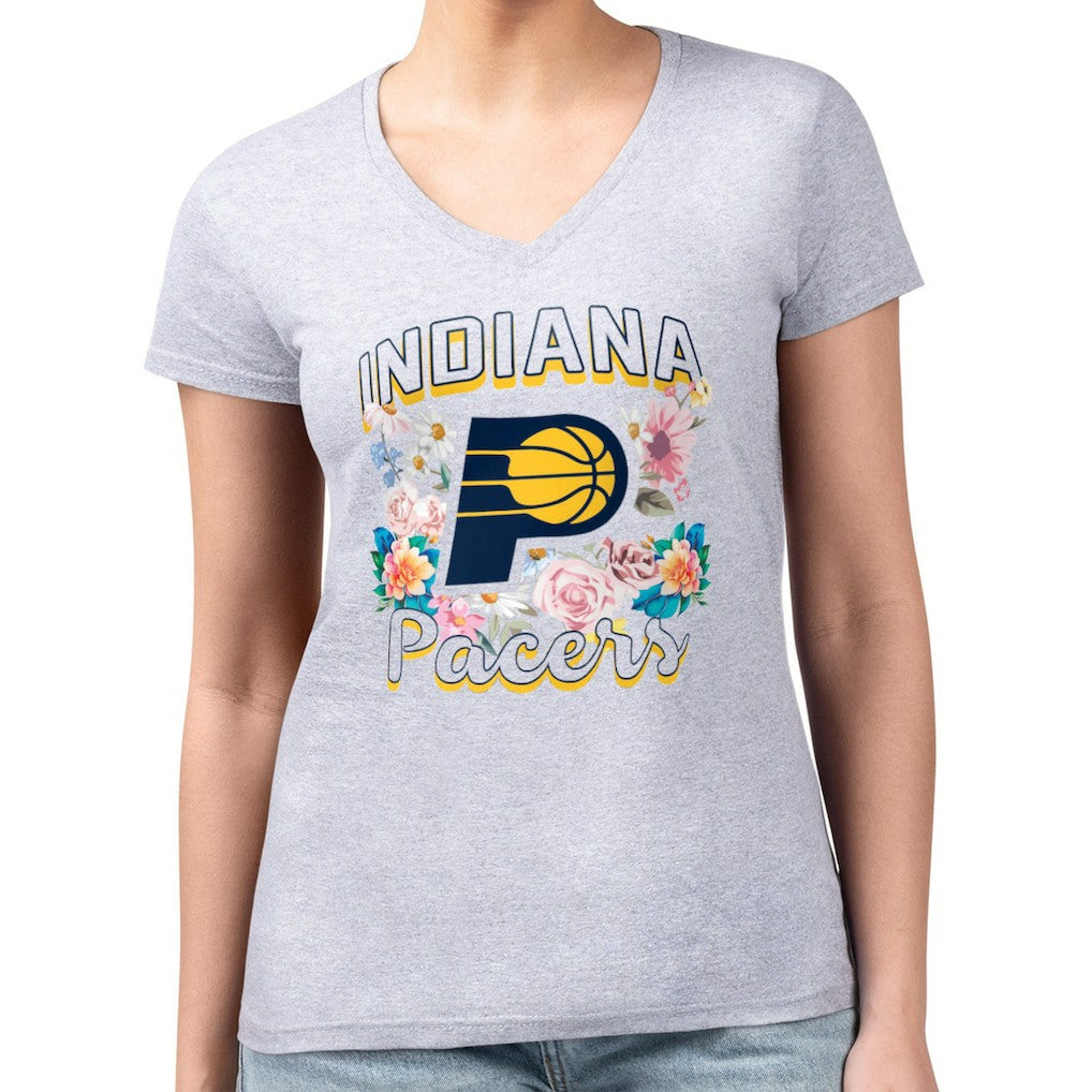 Indiana Pacers G-III 4Her by Carl Banks Women's Super-Slim Fit Lightweight Flowers Team Logo Graphic V-Neck T-Shirt Heather Gray - NBA