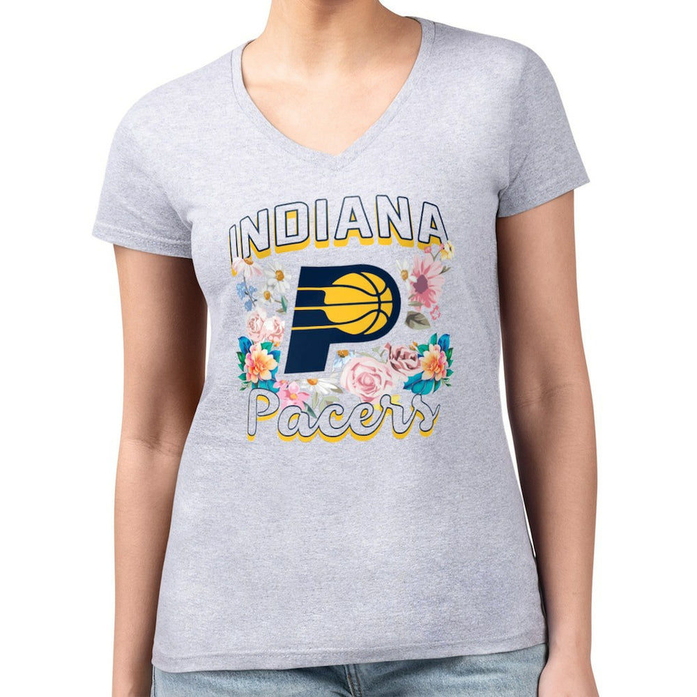 Indiana Pacers G-III 4Her by Carl Banks Women's Super-Slim Fit Lightweight Flowers Team Logo Graphic V-Neck T-Shirt Heather Gray - NBA