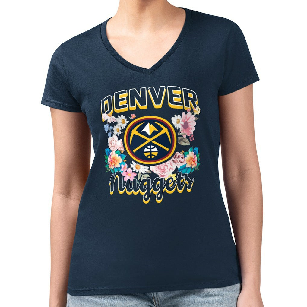 Denver Nuggets G-III 4Her by Carl Banks Women's Super-Slim Fit Lightweight Flowers Team Logo Graphic V-Neck T-Shirt Navy - NBA