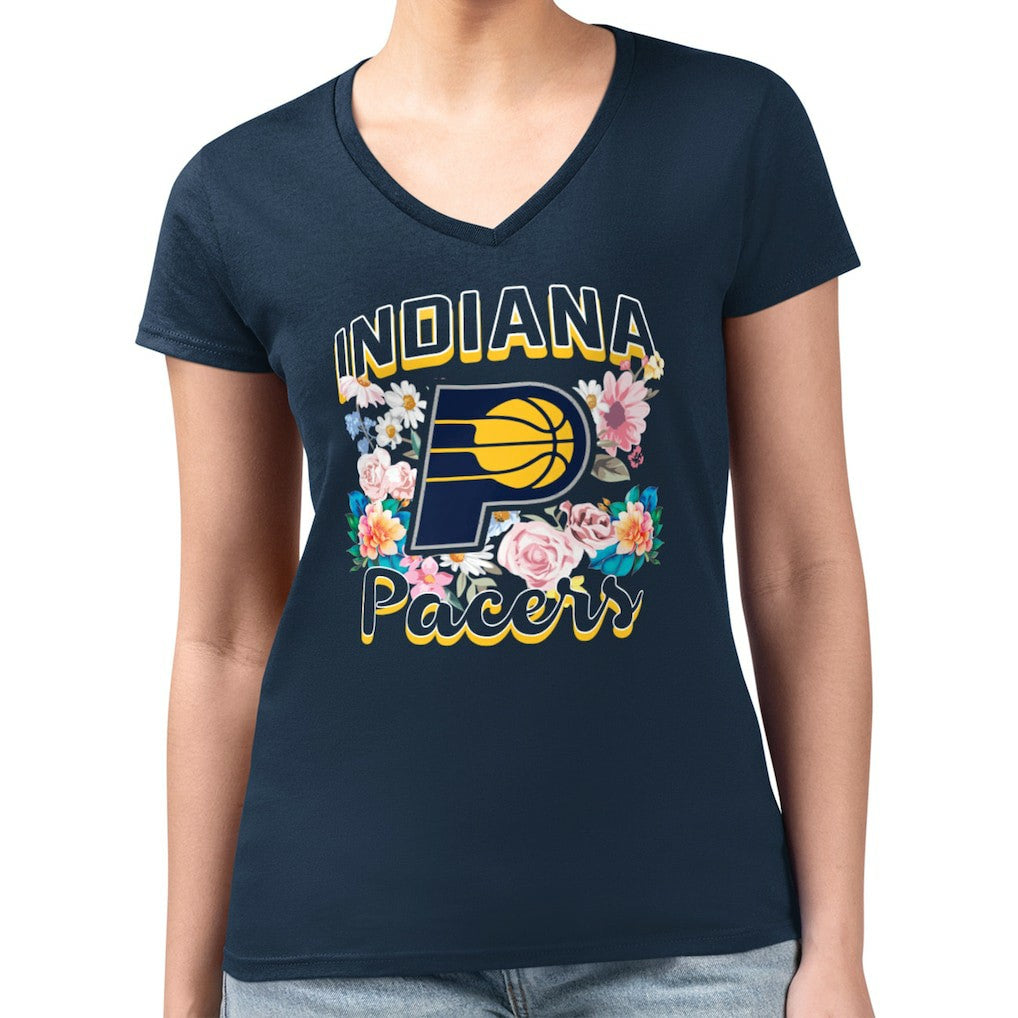 Indiana Pacers G-III 4Her by Carl Banks Women's Super-Slim Fit Lightweight Flowers Team Logo Graphic V-Neck T-Shirt Navy - NBA