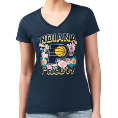 Indiana Pacers G-III 4Her by Carl Banks Women's Super-Slim Fit Lightweight Flowers Team Logo Graphic V-Neck T-Shirt Navy - NBA