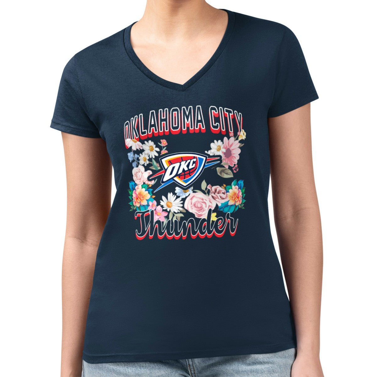 Oklahoma City Thunder G-III 4Her by Carl Banks Women's Super-Slim Fit Lightweight Flowers Team Logo Graphic V-Neck T-Shirt Navy - NBA