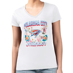 Oklahoma City Thunder G-III 4Her by Carl Banks Women's Super-Slim Fit Lightweight Flowers Team Logo Graphic V-Neck T-Shirt White - NBA