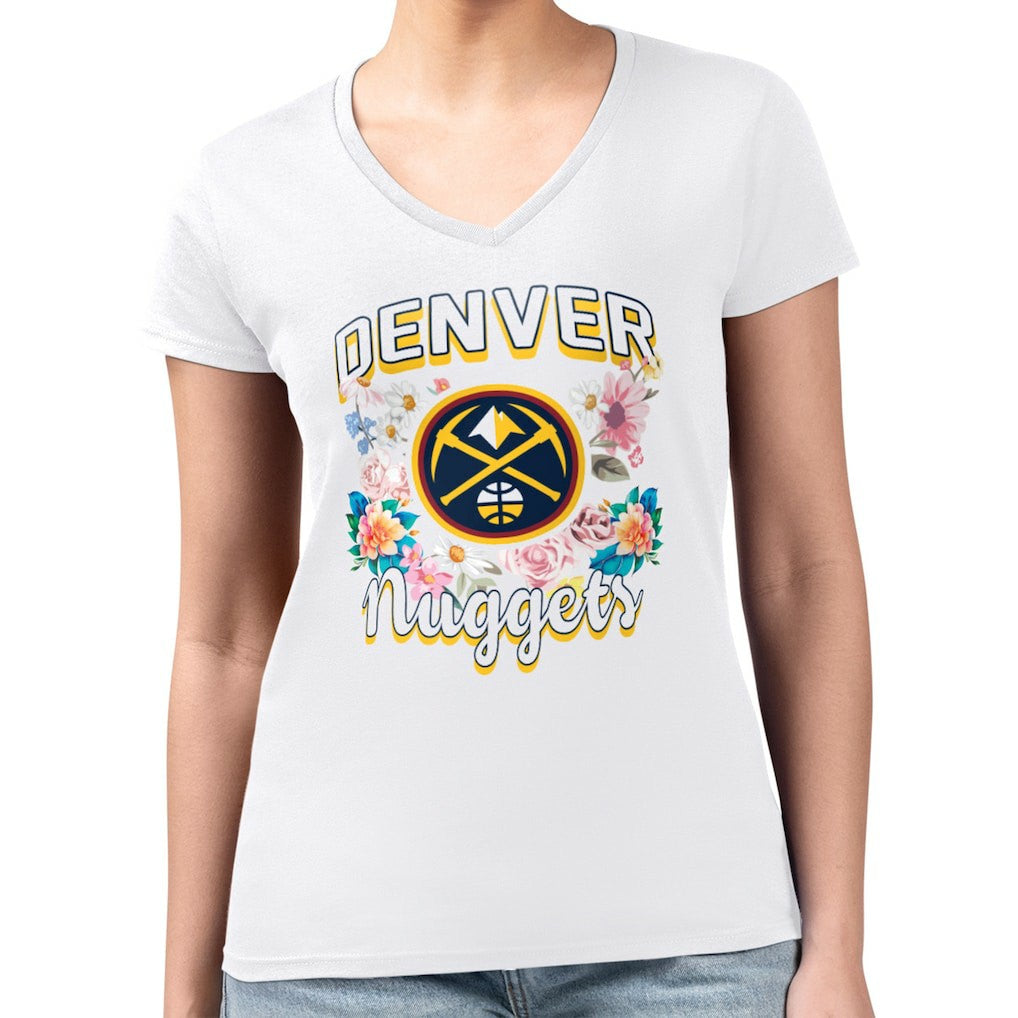 Denver Nuggets G-III 4Her by Carl Banks Women's Super-Slim Fit Lightweight Flowers Team Logo Graphic V-Neck T-Shirt White - NBA
