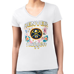 Denver Nuggets G-III 4Her by Carl Banks Women's Super-Slim Fit Lightweight Flowers Team Logo Graphic V-Neck T-Shirt White - NBA