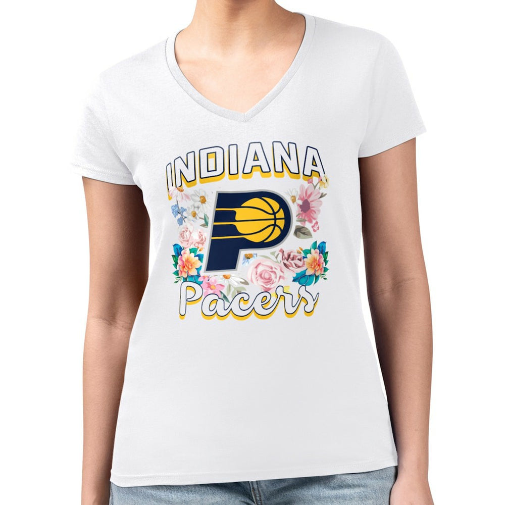 Indiana Pacers G-III 4Her by Carl Banks Women's Super-Slim Fit Lightweight Flowers Team Logo Graphic V-Neck T-Shirt White - NBA