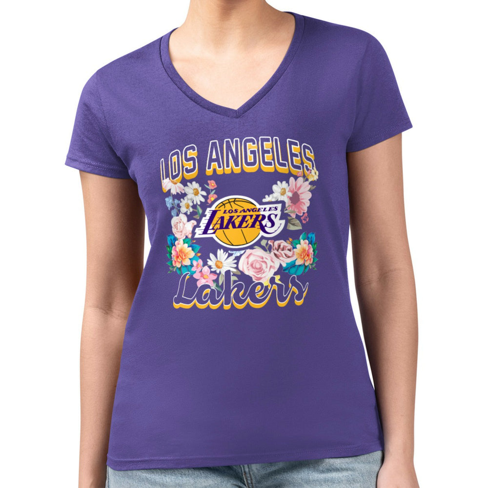 Los Angeles Lakers G-III 4Her by Carl Banks Women's Super-Slim Fit Lightweight Flowers Team Logo Graphic V-Neck T-Shirt Purple - NBA
