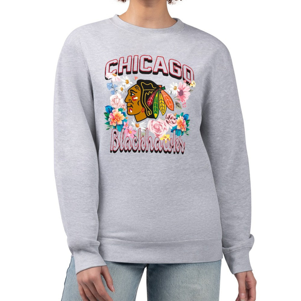 Chicago Blackhawks G-III 4Her by Carl Banks Women's Flower Logo Pullover Sweatshirt - Heather Gray - NHL