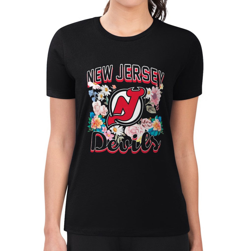 New Jersey Devils G-III 4Her by Carl Banks Women's Super-Slim Fit Lightweight Flower Logo T-Shirt - Black - NHL