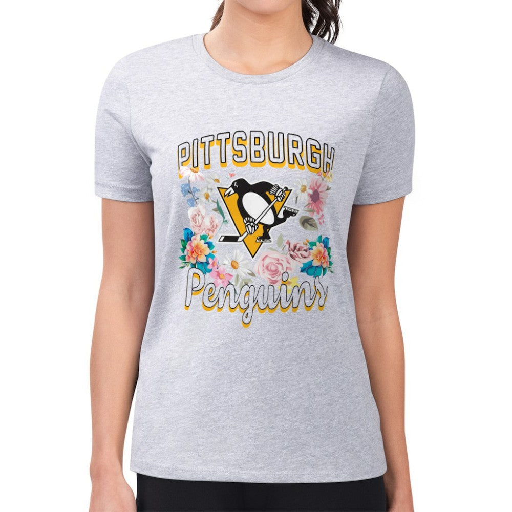 Pittsburgh Penguins G-III 4Her by Carl Banks Women's Super-Slim Fit Lightweight Flower Logo T-Shirt - Heather Gray - NHL