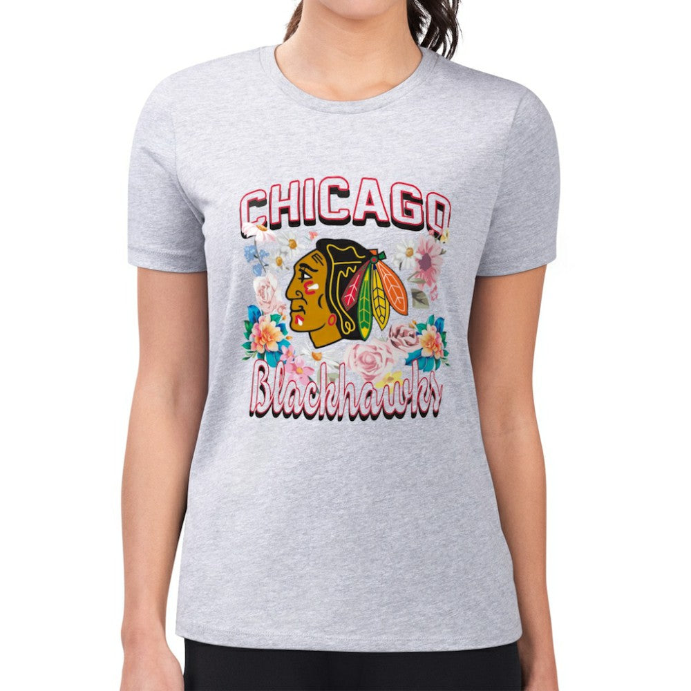 Chicago Blackhawks G-III 4Her by Carl Banks Women's Super-Slim Fit Lightweight Flower Logo T-Shirt - Heather Gray - NHL
