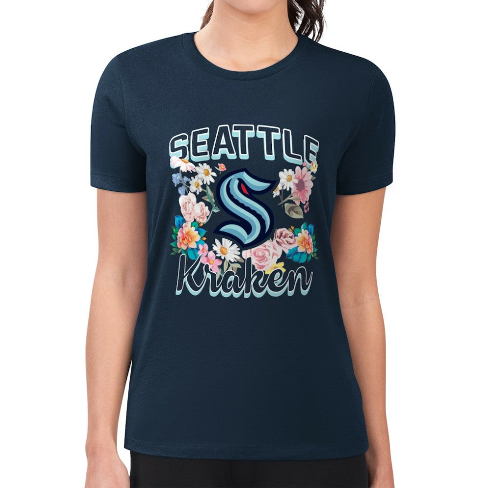 Seattle Kraken G-III 4Her by Carl Banks Women's Super-Slim Fit Lightweight Flower Logo T-Shirt - Navy - NHL
