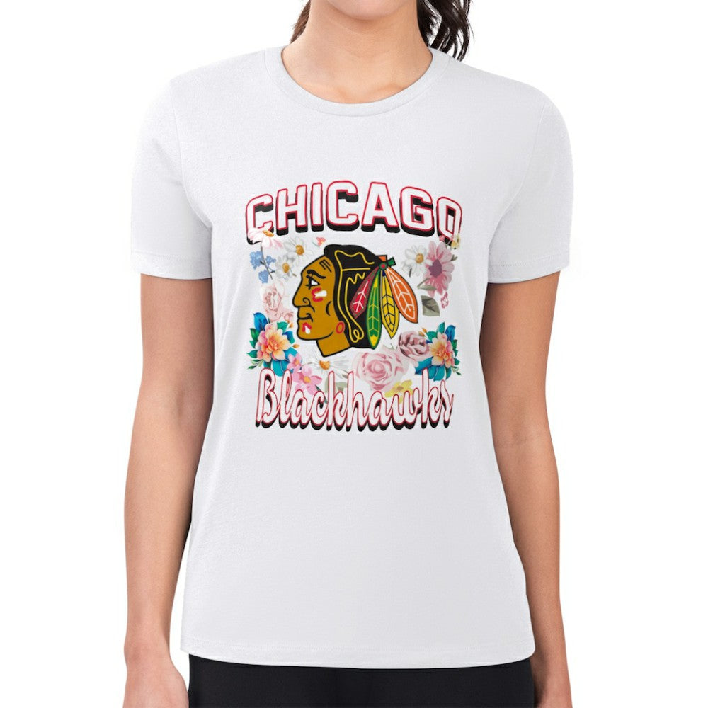 Chicago Blackhawks G-III 4Her by Carl Banks Women's Super-Slim Fit Lightweight Flower Logo T-Shirt - White - NHL