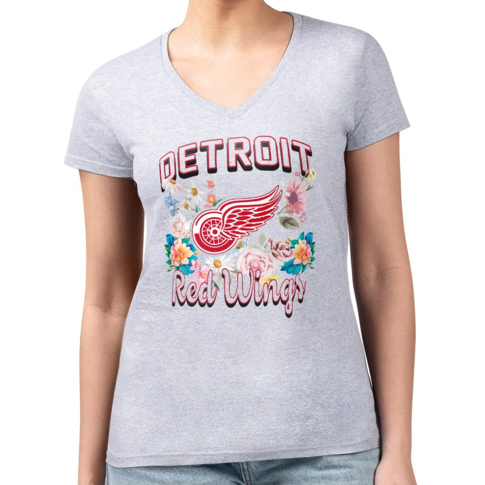Detroit Red Wings G-III 4Her by Carl Banks Women's Super-Slim Fit Lightweight Flower Logo V-Neck T-Shirt - Heather Gray - NHL