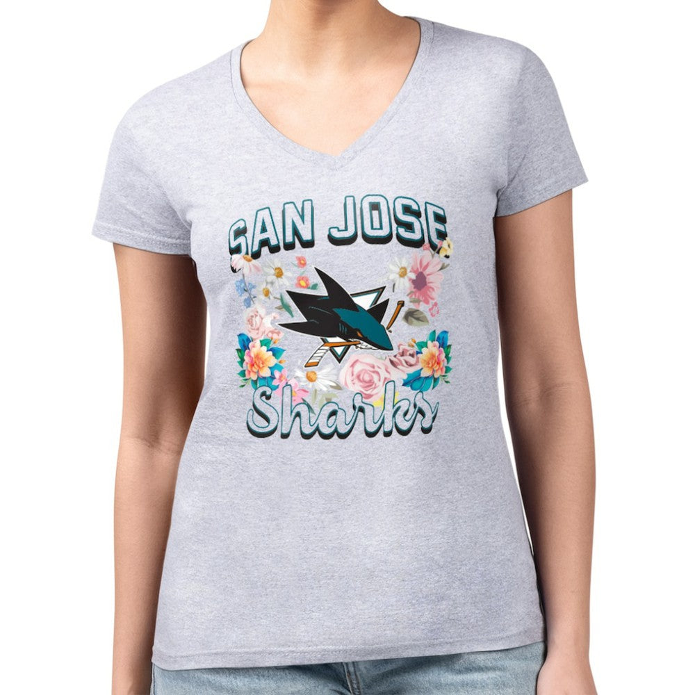 San Jose Sharks G-III 4Her by Carl Banks Women's Super-Slim Fit Lightweight Flower Logo V-Neck T-Shirt - Heather Gray - NHL