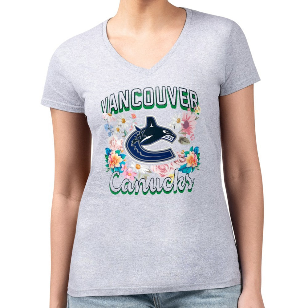 Vancouver Canucks G-III 4Her by Carl Banks Women's Super-Slim Fit Lightweight Flower Logo V-Neck T-Shirt - Heather Gray - NHL