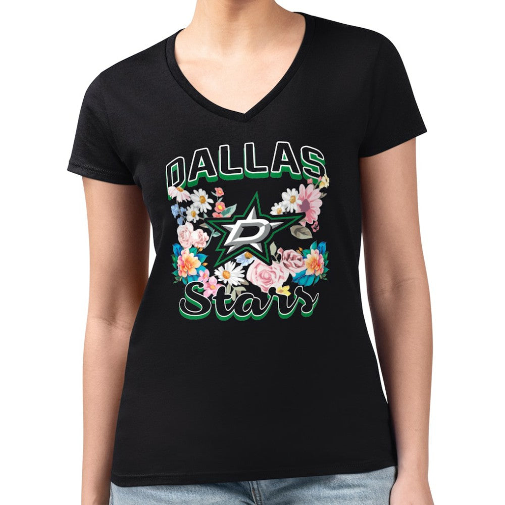 Dallas Stars G-III 4Her by Carl Banks Women's Super-Slim Fit Lightweight Flower Logo V-Neck T-Shirt - Black - NHL
