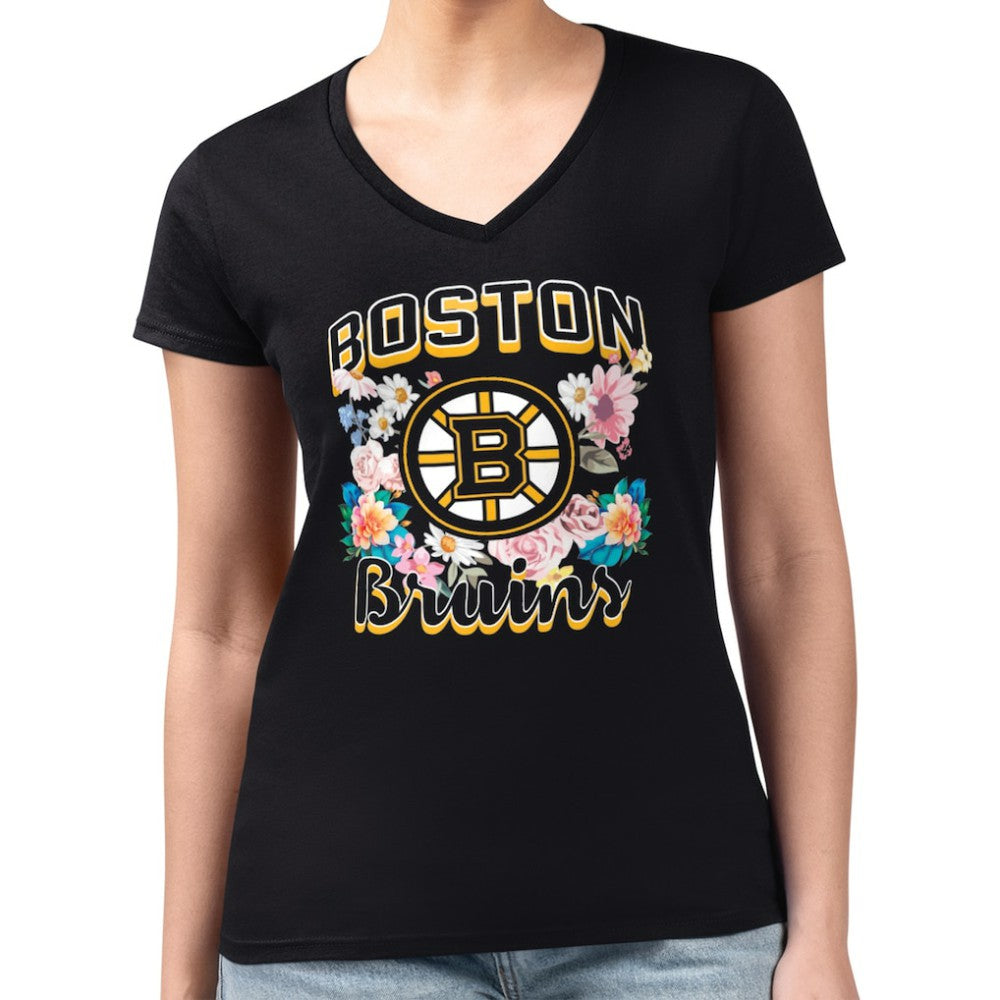 Boston Bruins G-III 4Her by Carl Banks Women's Super-Slim Fit Lightweight Flower Logo V-Neck T-Shirt - Black - NHL